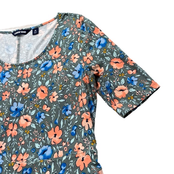 Lands’ End Womens Medium Gray Blue Orange Floral Short Sleeve Midi T-shirt Dress - Picture 6 of 16